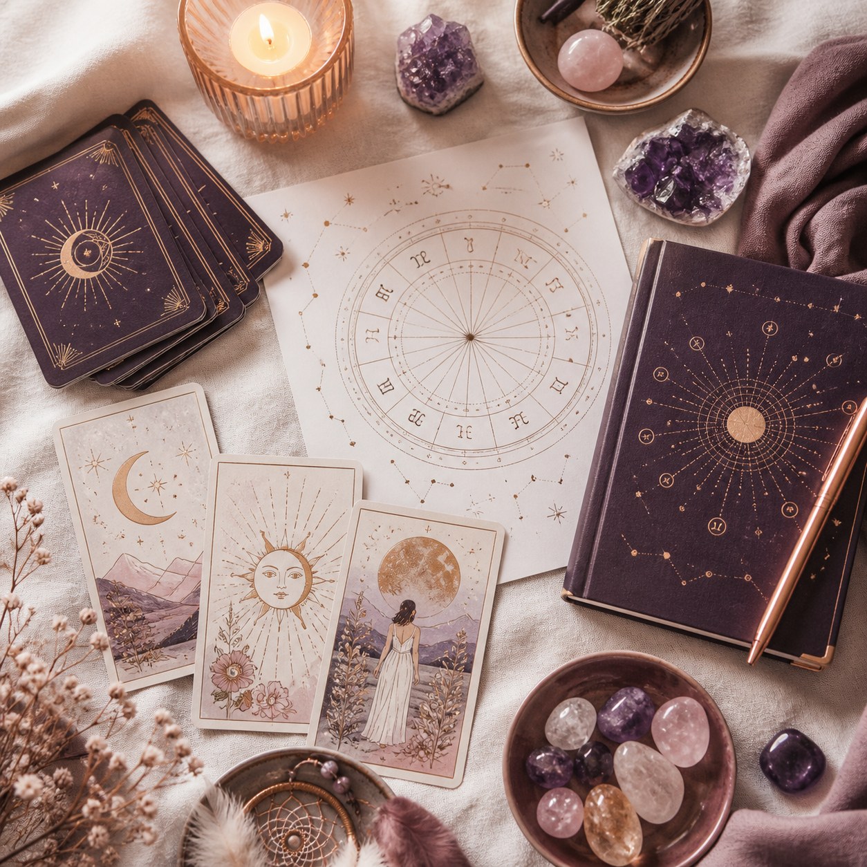 Tarot, astrology, numerology, and crystal reading tools